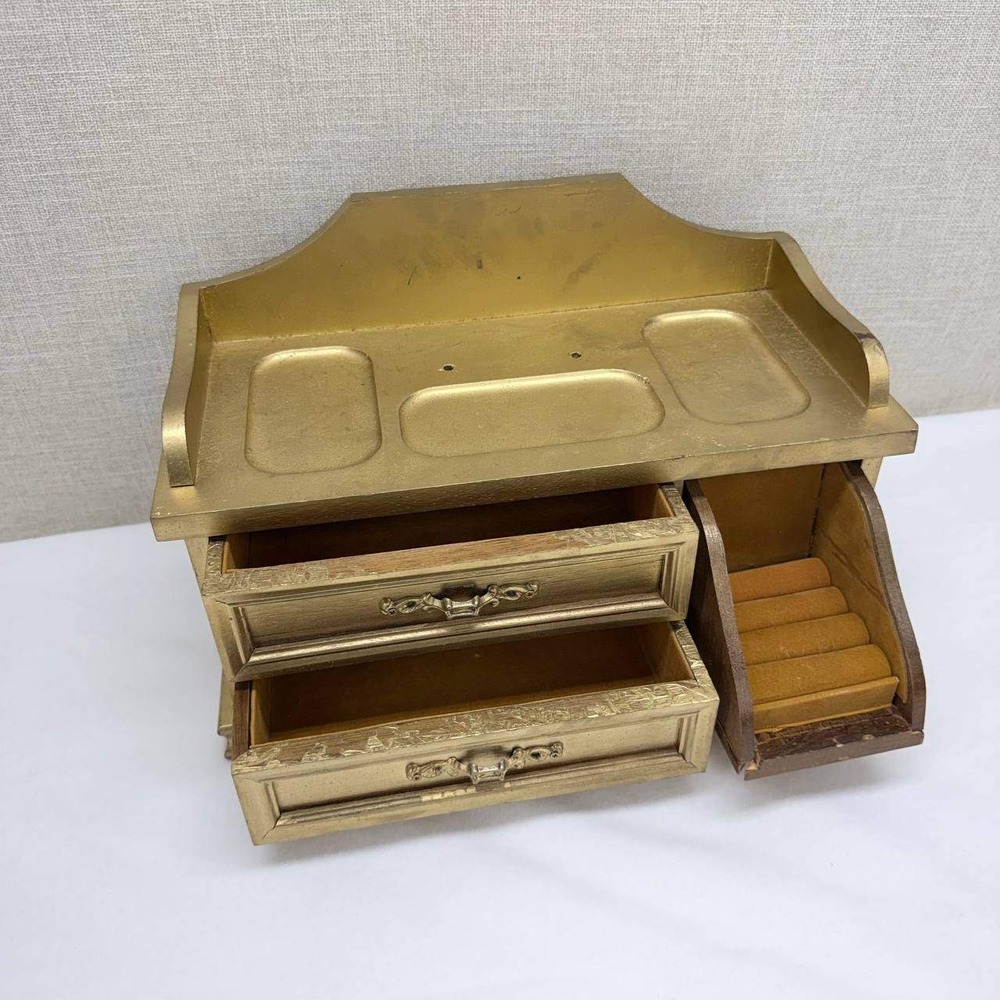 Vintage Gold Wooden Jewelry Box Valet 2 Drawer Ring Holder Ornate Brass Trim 12"